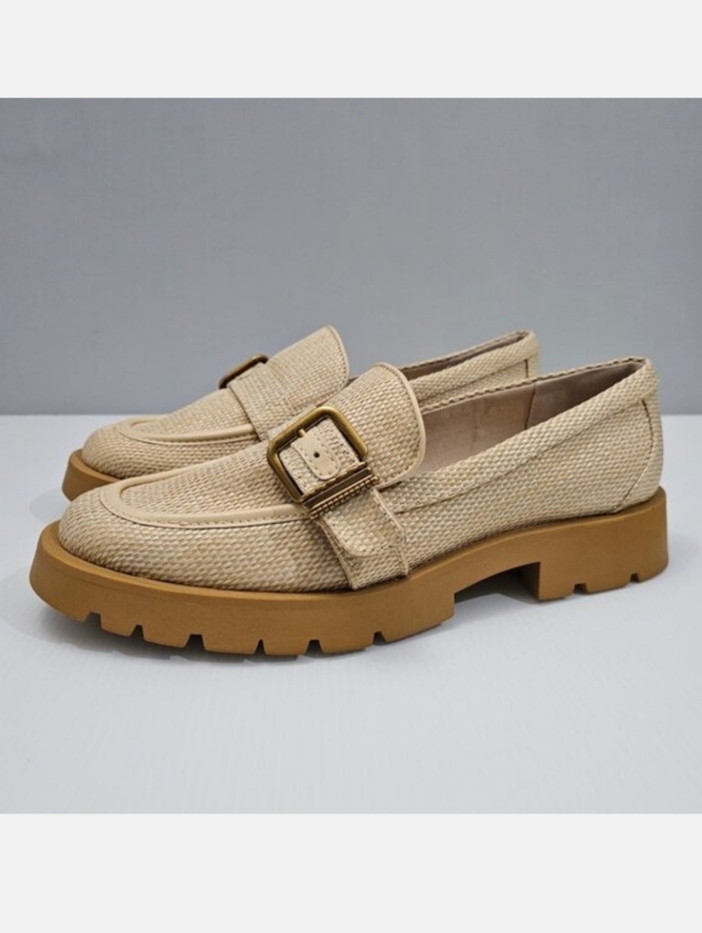 Dolce Vita Ericka Raffia Loafer Womens 9.5 Beige Lug Sole Buckle Slip On NEW